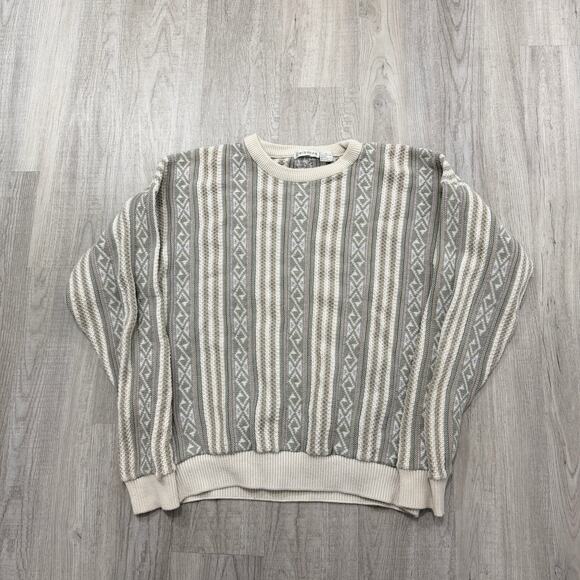 Vintage Claiborne Sweater Men's Large Geometric Knit Crewneck Cotton USA 90s - Picture 1 of 8